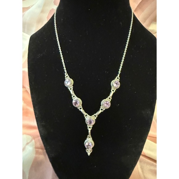Jewelry - Vintage Sterling Silver Amethyst Y-Drop Necklace Bohemian Lavalier Purple Gem